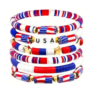 Set Bracciali di Perline in Argilla Polimerica Patriottica Rosso Bianco Blu Impilabile Giorno dell'Indipendenza Stella Bandiera Gioielli