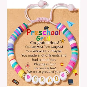 Colorful polymer clay bead preschool graduation bracelet with greeting card gift for kids.