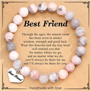 Handmade natural stone beaded bracelet with heart pendant detail view for best friend gift.
