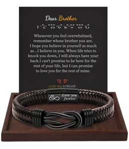 Men's braided leather bracelet with stainless steel magnetic clasp and romantic engraved love message.