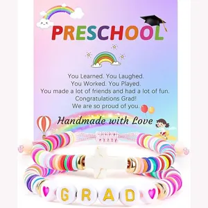 Preschool graduation beaded bracelet set with colorful soft clay beads and cross charm gift.