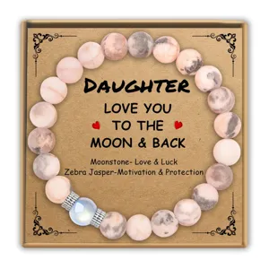 Pink zebra jasper and moonstone beaded bracelet in gift box, ideal mother's day jewelry gift.