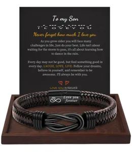 Men braided leather bracelet with black magnetic clasp and engraved card for daily gift.