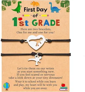 Stainless steel dinosaur matching bracelets set for kids school day gift view.