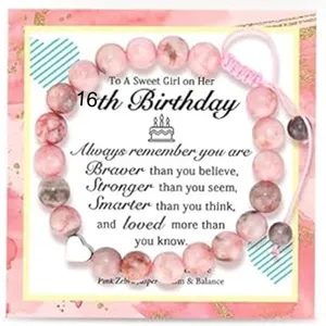 Handmade Woven Pink Zebra Jasper Beaded Bracelet Heart Pendant Adjustable Birthday Gift Jewelry For Women