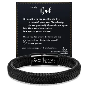 Men's braided leather bracelet with stainless steel magnetic clasp and father love card.