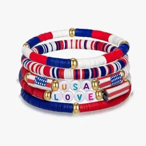 Set di braccialetti di perle patriottiche rosso bianco blu per il Giorno dell'Indipendenza.