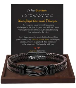 Men braided leather bracelet with magnetic clasp grandson gift message card jewelry