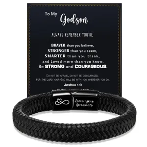Detailed view of braided leather bracelet with magnetic clasp and message card for godson.