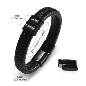 Men's black braided leather bracelet with engraved magnetic clasp and custom family style design.