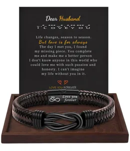 Men braided leather bracelet with stainless steel magnetic clasp and romantic message card.