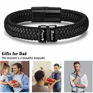 Men's stylish black braided leather bracelet with custom engraved metal rings for gift.