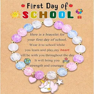 Kids school start beaded bracelet with unicorn charm and greeting card gift for students.