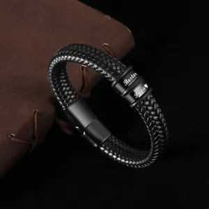Men's leather braided bracelet with personalized engraved metal beads and magnetic clasp for gift.