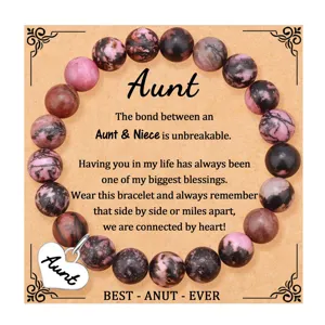 Aunt and Niece beaded gemstone bracelet with stainless steel heart pendant gift card.
