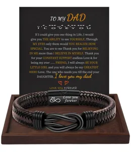 Men braided leather bracelet with magnetic clasp, stainless steel dad gift jewelry accessory