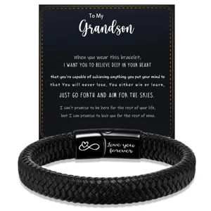 Black braided leather bracelet for men with stainless steel magnetic clasp and card.
