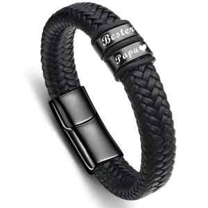 Men's Leather Braided Bracelet Stainless Steel Magnetic Clasp Engraved Letter Wristband Fashion Jewelry Gift