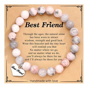 Handcrafted natural stone beaded friendship bracelet with stainless steel heart pendant gift.