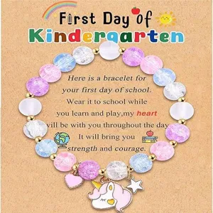 Kids first day of kindergarten beaded bracelet set with cute unicorn charm and greeting card gift.