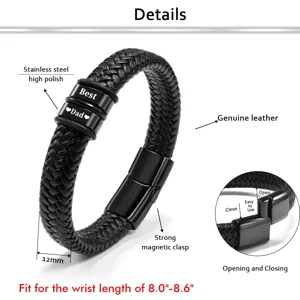 Men black leather braided bracelet detail showing stainless steel engraved beads and clasp.