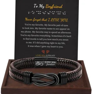 Mens braided leather bracelet with magnetic clasp and romantic message card for gift.