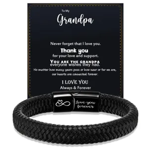 Men's black braided leather bracelet with stainless steel magnetic clasp and grandpa card.