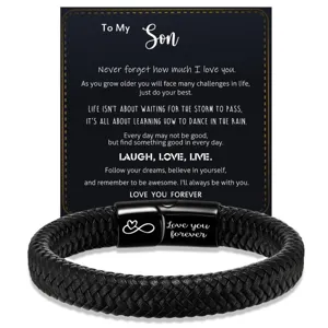 Men Braided Leather Bracelet Stainless Steel Magnetic Clasp Infinity Heart Engraved Family Love Gift Jewelry
