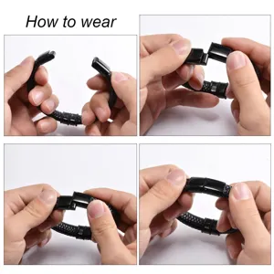 Men's black braided leather bracelet with magnetic clasp stylish wristband jewelry