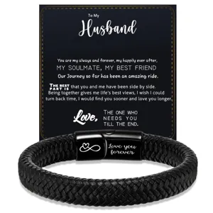 Men's braided leather bracelet with magnetic clasp, stainless steel engraved love gift.