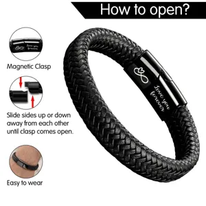 Men braided black leather bracelet with stainless steel magnetic clasp and engraved love forever.