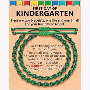 Kindergarten first day matching braided bracelets set for mother and child, green black design.