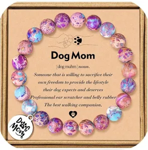 Dog Mom beaded bracelet with metal pendant, imperial jasper stone gift for pet lovers.