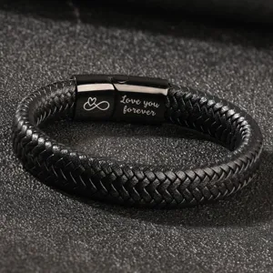 Men's black braided leather bracelet with stainless steel magnetic clasp and engraved love detail.