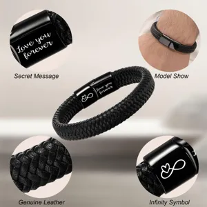 Men braided black leather bracelet with stainless steel magnetic clasp and engraved love heart symbol.