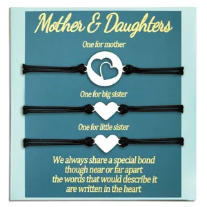 Mère et fille acier inoxydable cœur charm cordon noir bracelet d'amitié ensemble de 3