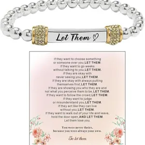 Stainless Steel Beaded Bracelet with Rhinestone Ring Heart Wings and Inspirational Engraved Card Fashion Jewelry Gift