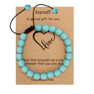 Turquoise beaded braided bracelet with gift display card, handmade adjustable jewelry gift.