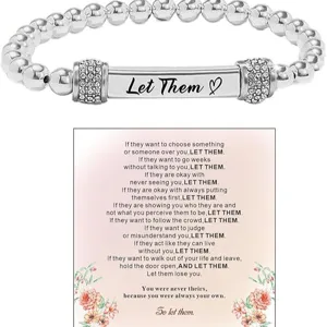 Stainless steel beaded stretch bracelet with engraved metal bar and inspirational card packaging