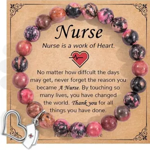 Pink stone bead bracelet with nurse cap charm and greeting card for nurse gift idea.