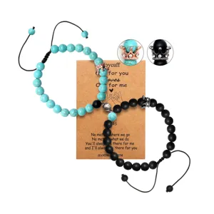 Couple magnetic distance stone bead bracelets set with crown charms for lovers friendship gift.