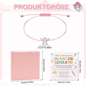 Kids friendship bracelet with silver angel charm, pink gift box and greeting card for school