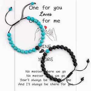Couple magnetic matching stone bracelets set with heart charm for lovers gift.