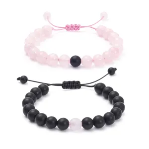 Couple pink crystal and black stone beaded adjustable braided bracelet set for lovers gift