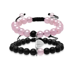 Couple magnetic heart rose quartz and black volcanic stone beaded bracelet set for lovers