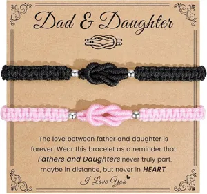 Dad and daughter woven bracelet set on card, matching knot design jewelry gifts for family.