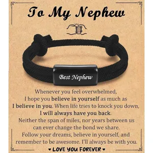 Men Stainless Steel Braided Rope Bracelet Engraved Message Card Gift For Son Grandson Brother Nephew Fashion Jewelry