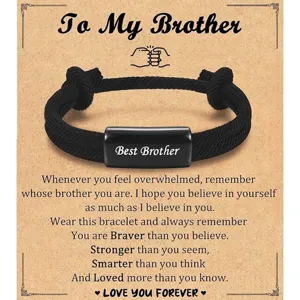 Brother braided rope bracelet with custom message card gift detail view for men.