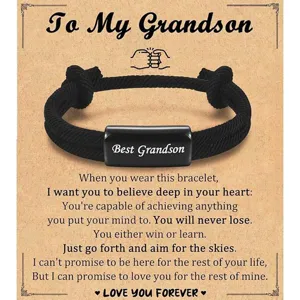 Adjustable braided rope bracelet for grandson with engraved metal plate and sentiment card.