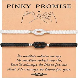 Couple braided bracelets set with romantic promise card detail, black and white rope.